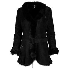 Burberry Black Shearling Belted Coat W/ Fur Trim Sz 4