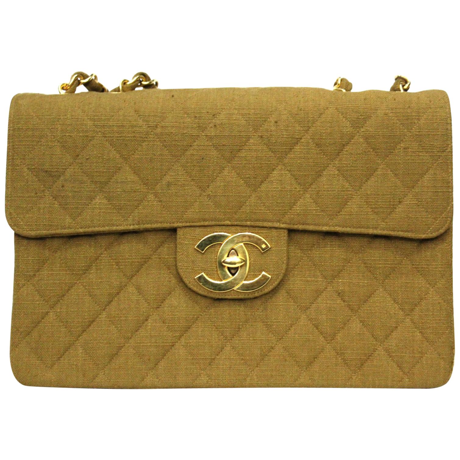 1990s Chanel Beige Canvas Vintage Maxi Jumbo Shoulder Bag