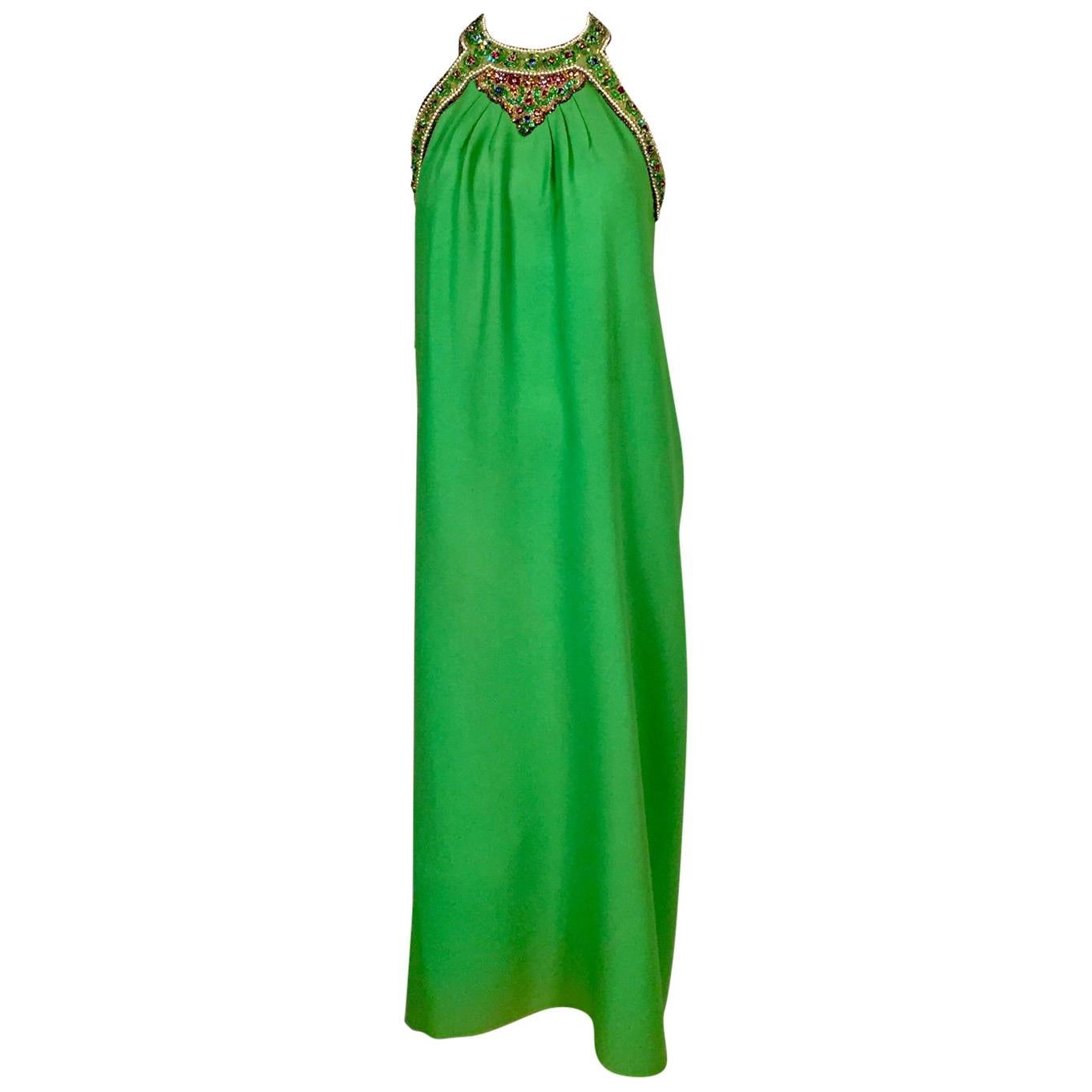 Bob Bugnand Spring Green Jeweled Halter Neck Silk Crepe Dress circa 1970