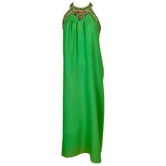 Bob Bugnand Spring Green Jeweled Halter Neck Silk Crepe Dress circa 1970