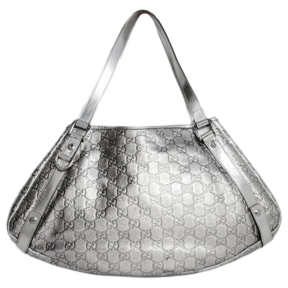 Gucci Silver Metallic Leather Embossed Monogram Abbey Tote Bag