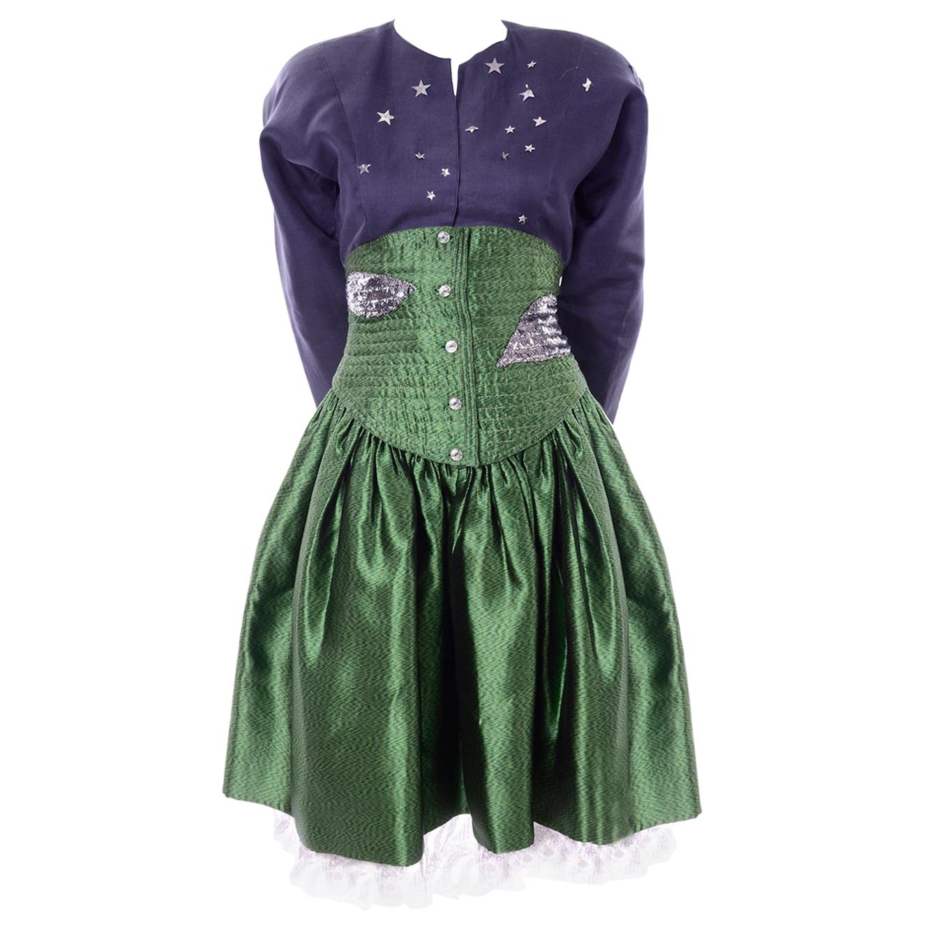 Geoffrey Beene Vintage Green & Blue Dress W/ Silver Stars & Quilted Corset Waist For Sale