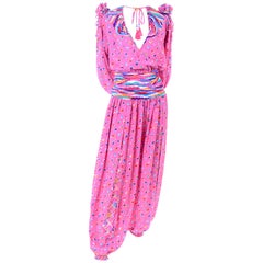 Diane Freis Retro Pink Balloon leg Jumpsuit in Abstract Print w Puff Sleeves