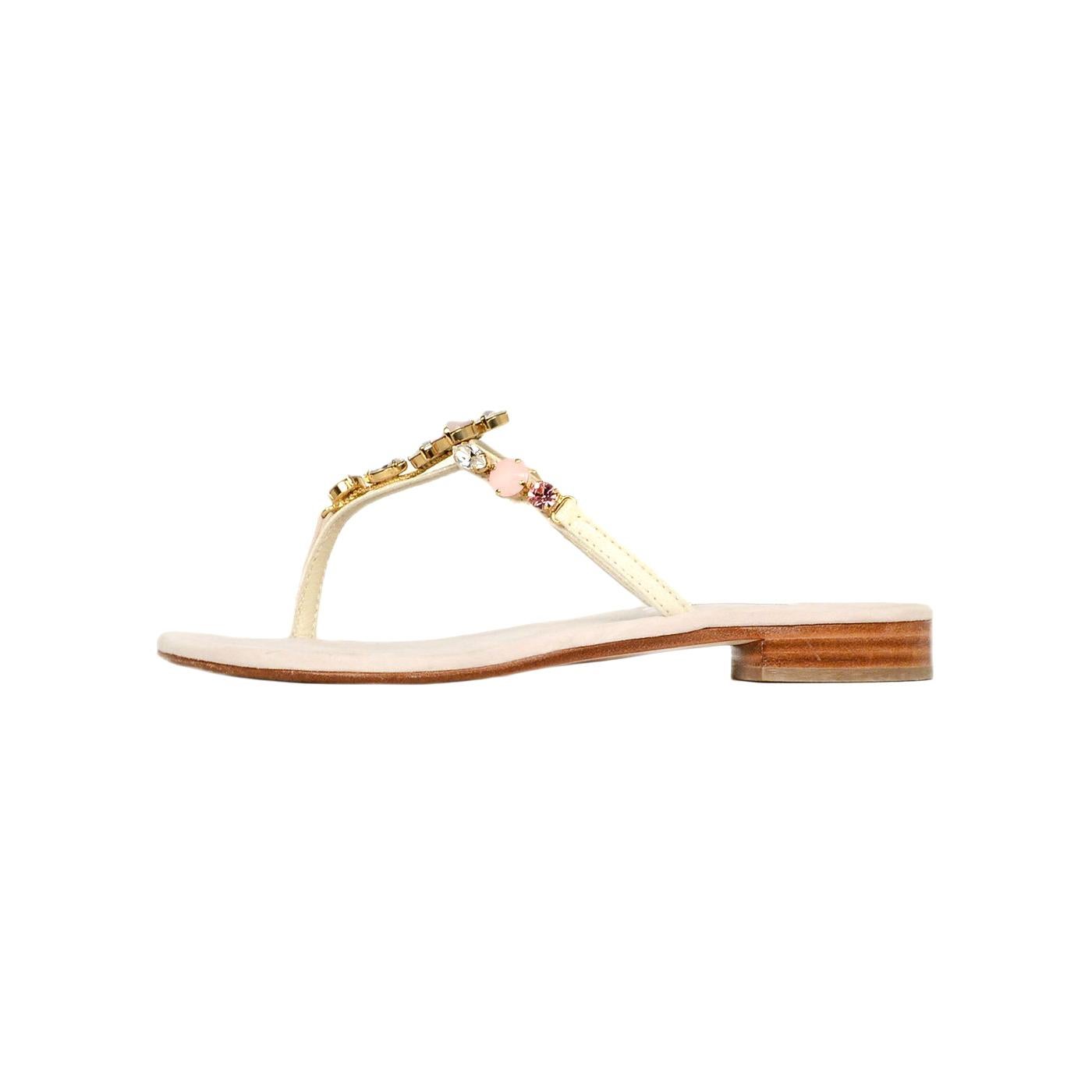 Oscar de la Renta Beige Suede Embellished Thong Sandals Sz 35