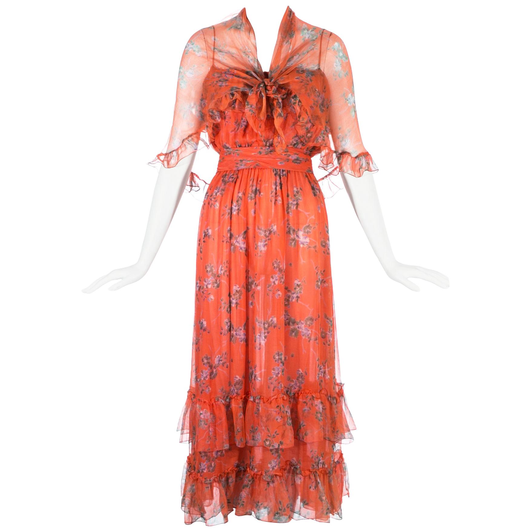Bellville Sassoon orange floral silk chiffon summer dress with scarf, c. 1970s