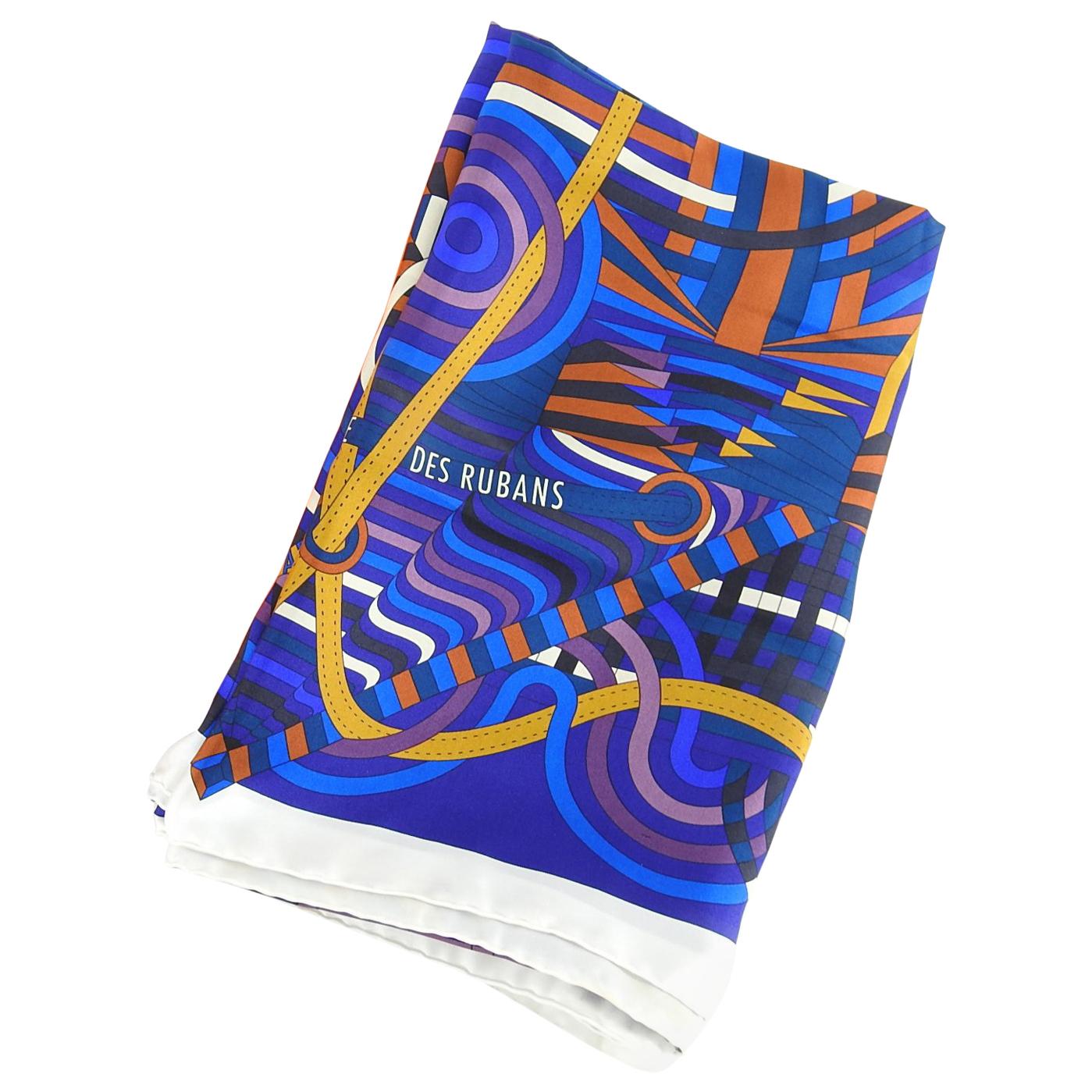 Hermes La Fabrique des Rubans Blue 140cm Summer Silk Twill Shawl Scarf For Sale