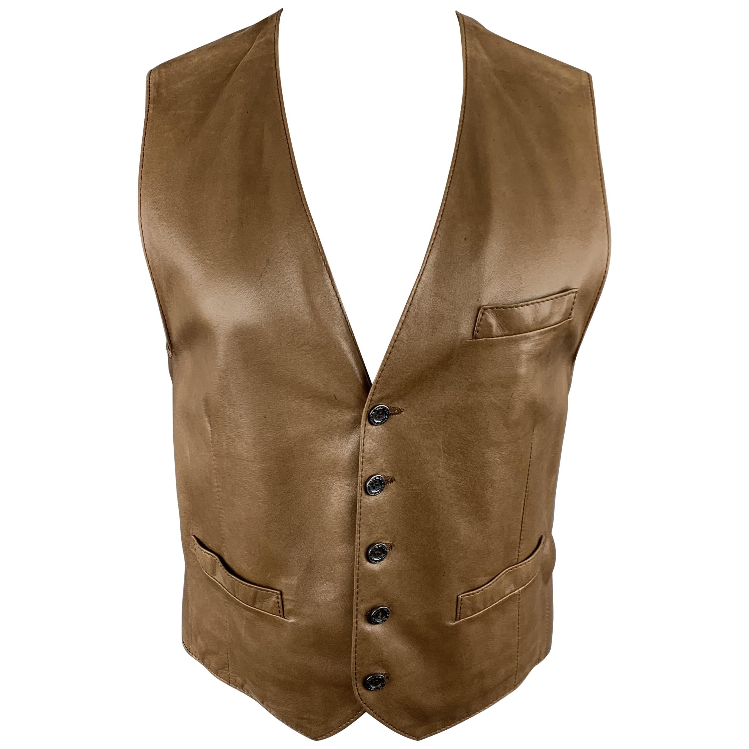 HERMES 38 Size S Tan Leather V-Neck Vest