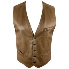HERMES 38 Size S Tan Leather V-Neck Vest