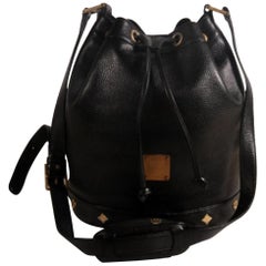 Vintage MCM Studded Drawstring Bucket 868499 Black Leather Cross Body Bag