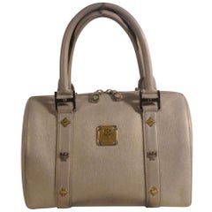 Used MCM Studded Saffiano Boston 868498 Grey Leather Tote