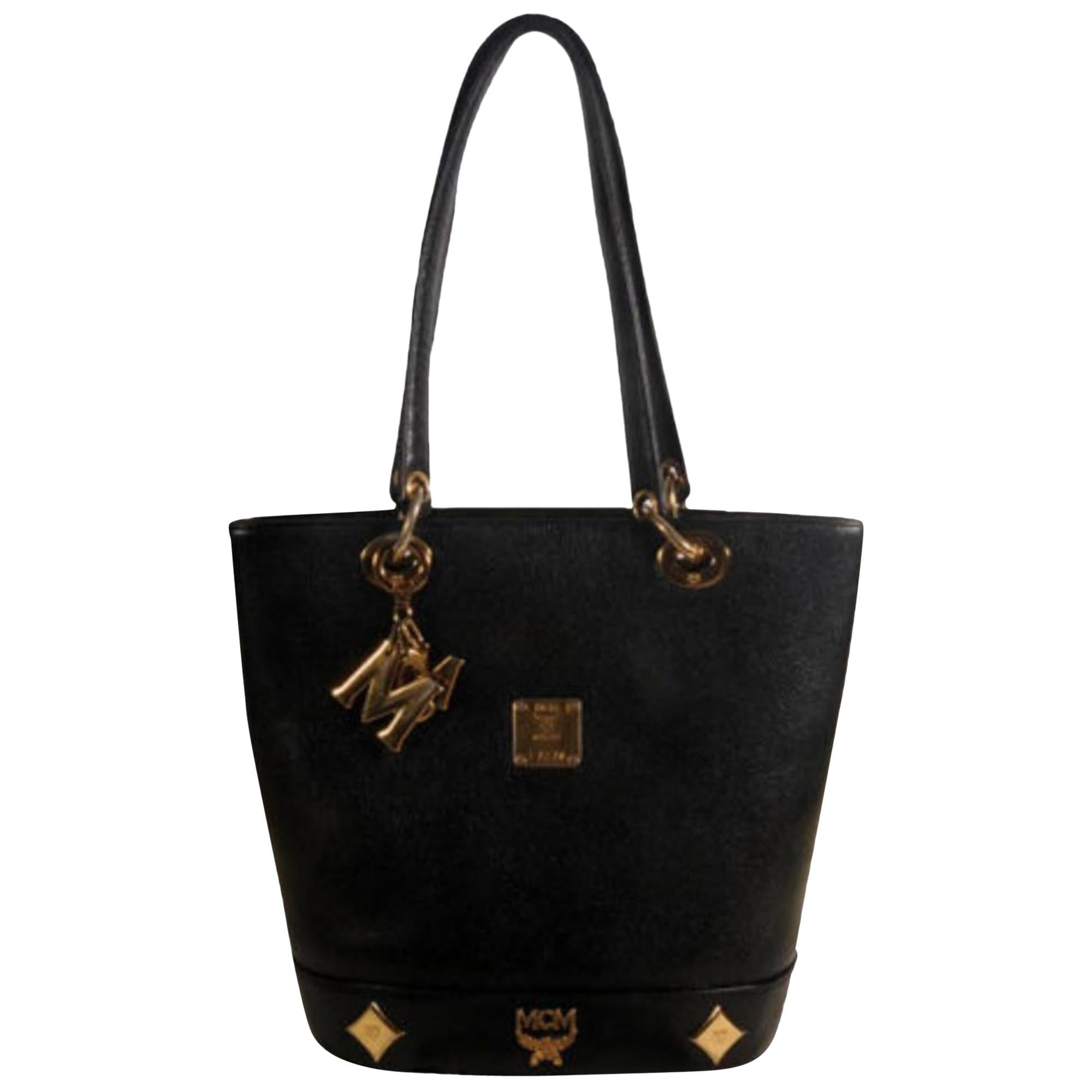 MCM Studded Charm Tote 869443 Black Leather Shoulder Bag For Sale