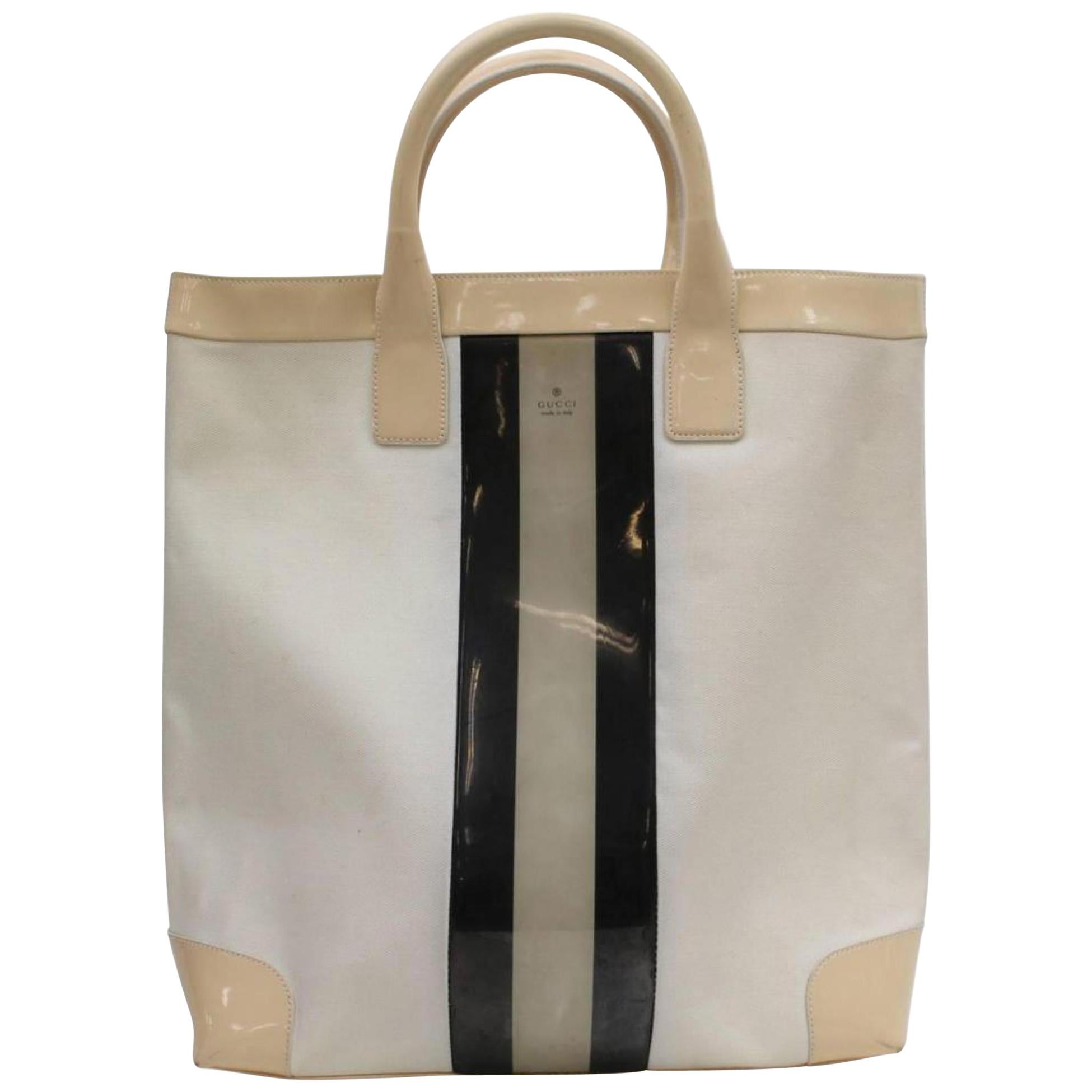 Gucci Sherry Ivory Web Shopper 868130 White Patent Leather Tote For Sale