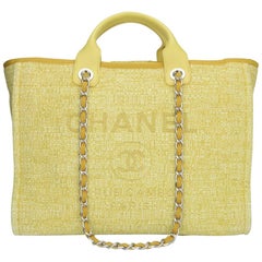 CHANEL Deauville Tote Large Yellow Canvas with Light Gold Hardware 2018