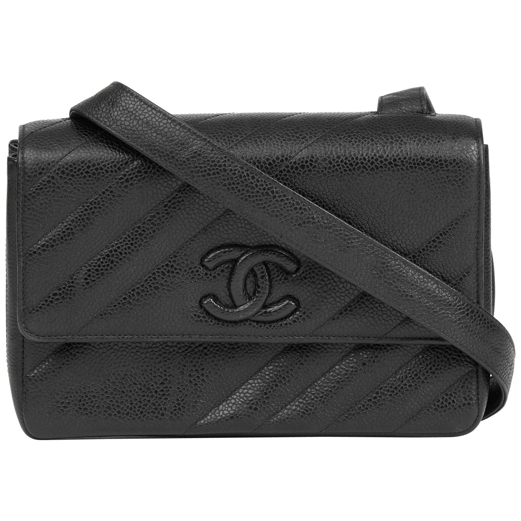 1994 Chanel Black Diagonal Quilted Caviar Leather Vintage Logo Shoulder Bag