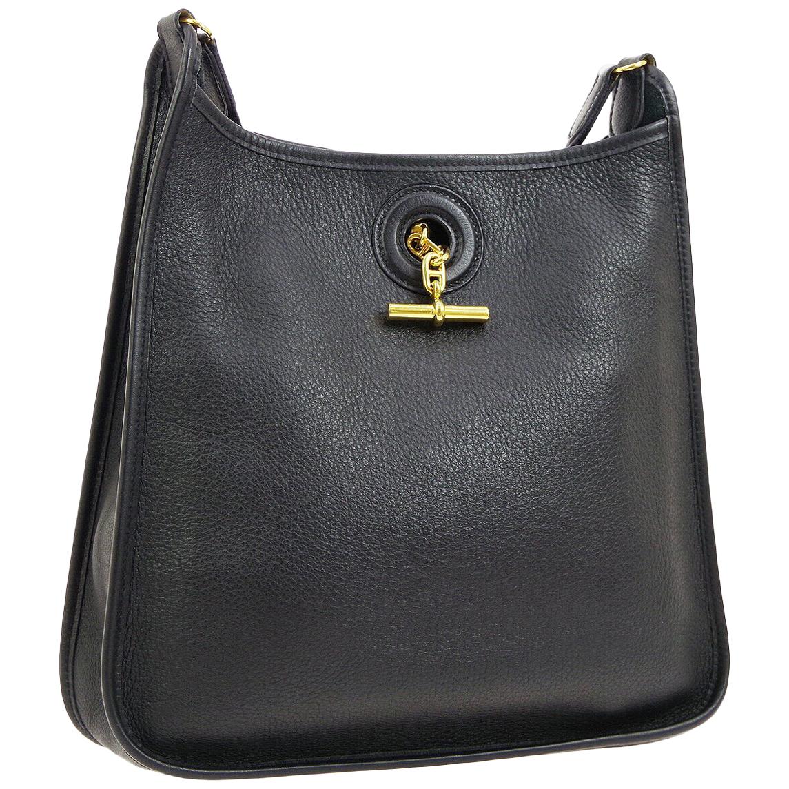Hermes Black Leather Canvas Gold Toggle Carryall Shoulder Bag