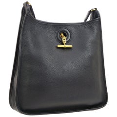 Retro Hermes Black Leather Canvas Gold Toggle Carryall Shoulder Bag