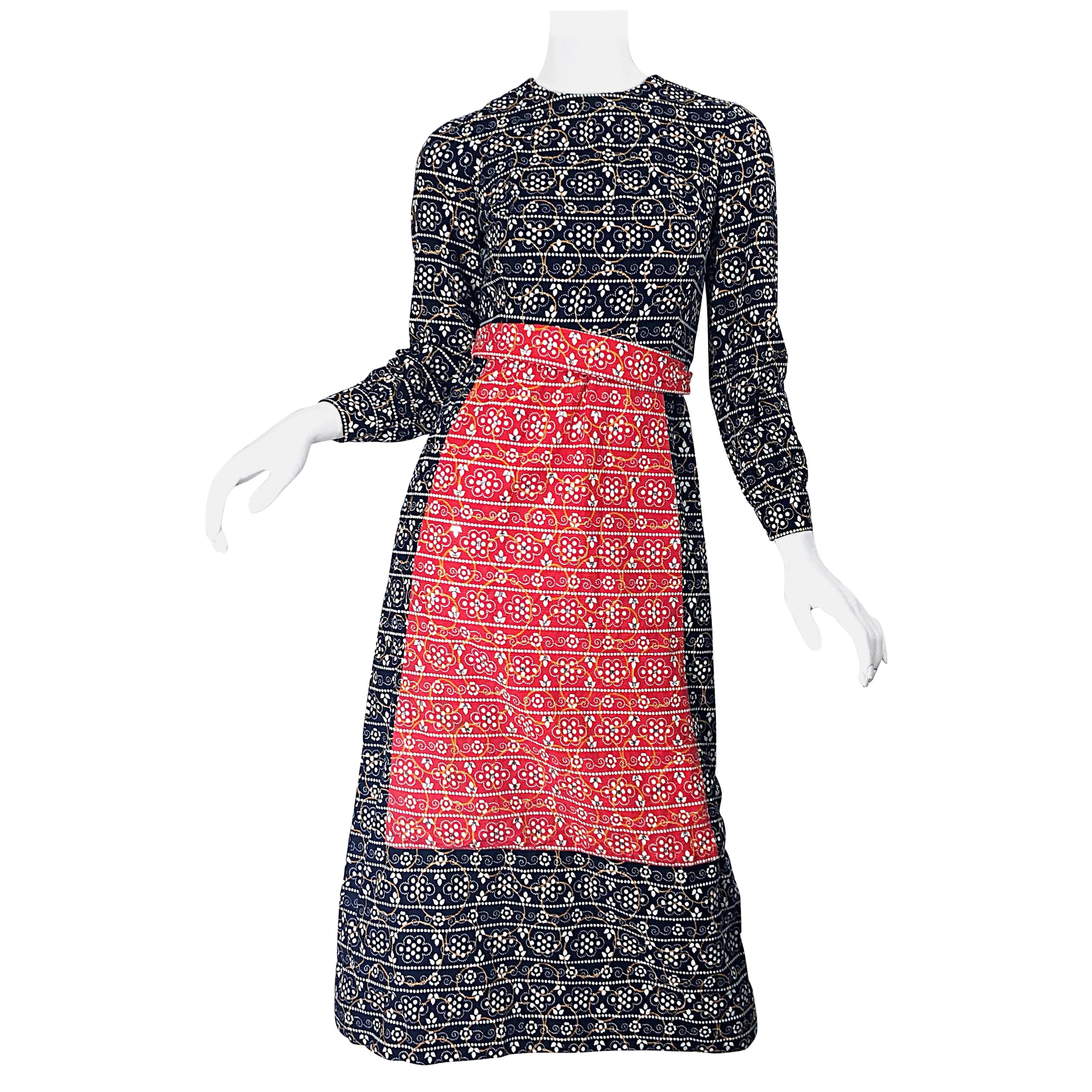 1970s Joseph Brennan Trompe L'Oeil Red, White and BLue Rhinestone 70s Midi Dress For Sale