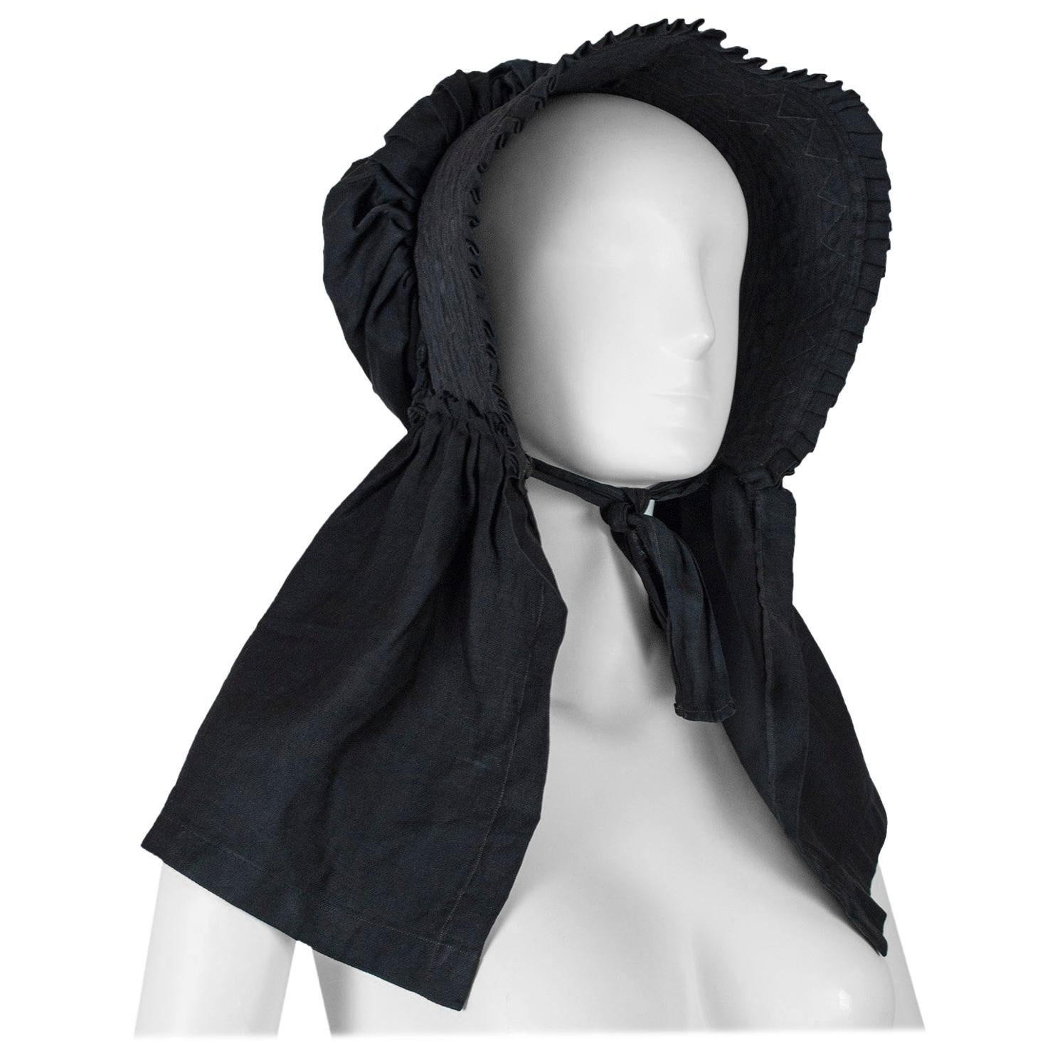 Victorian American Quilted Mourning Poke Bonnet with Sun Apron, 1850s