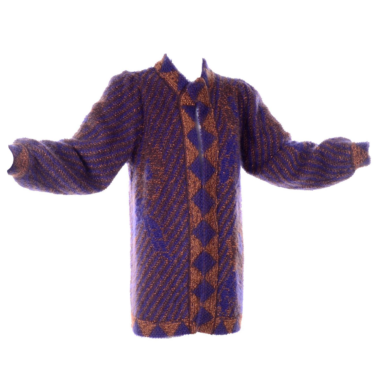 Escada Margaretha Ley Vintage Blue & Copper Mohair Wool Long Cardigan Sweater
