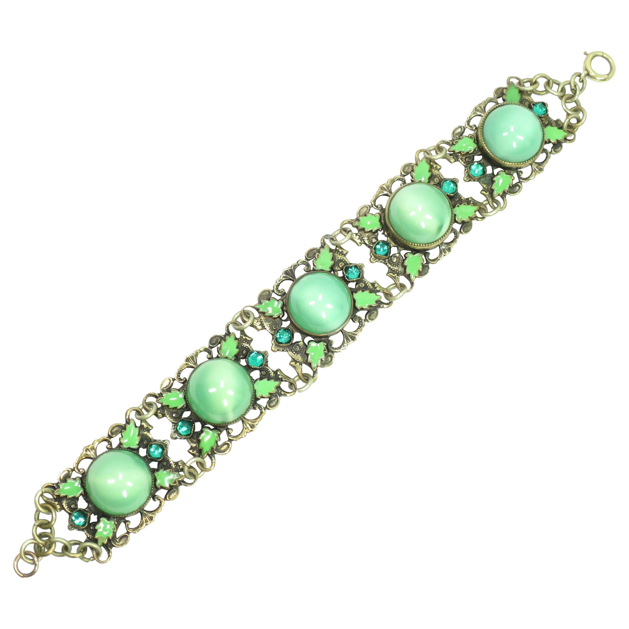 Art Deco Czech Link Bracelet, Green Cats-Eye Chalcedony Glass, 1920s For Sale