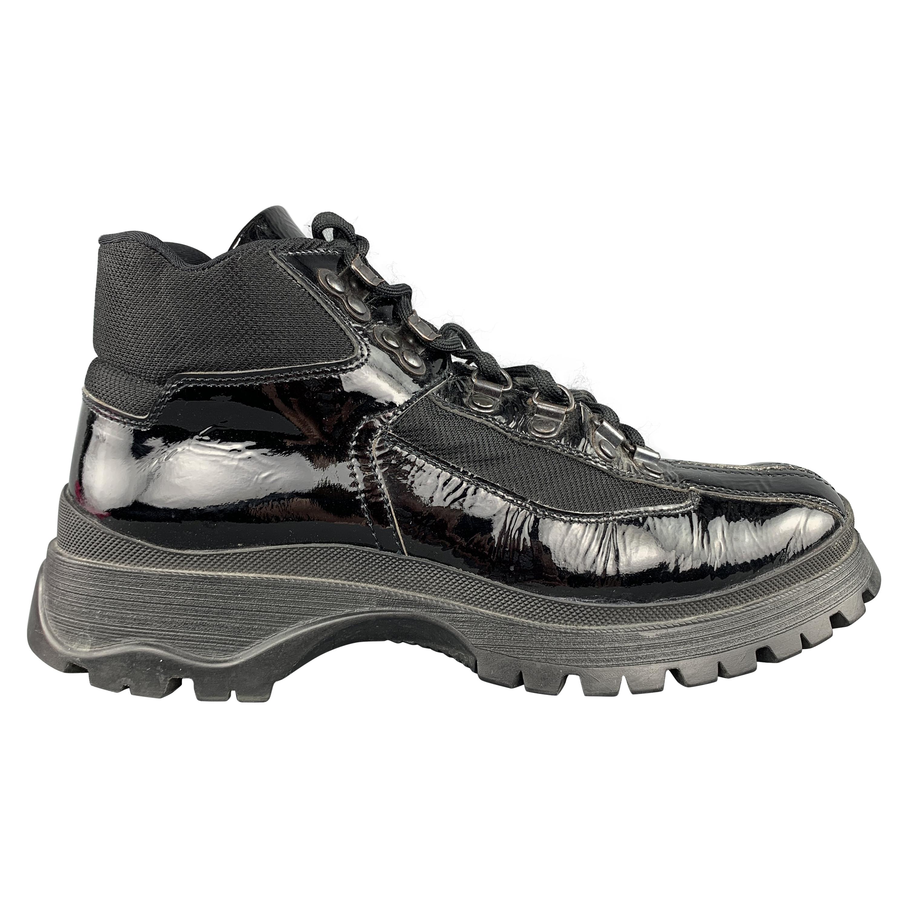  PRADA Size 7 Black Nylon Patent Leather Hiking Boot Sneakers
