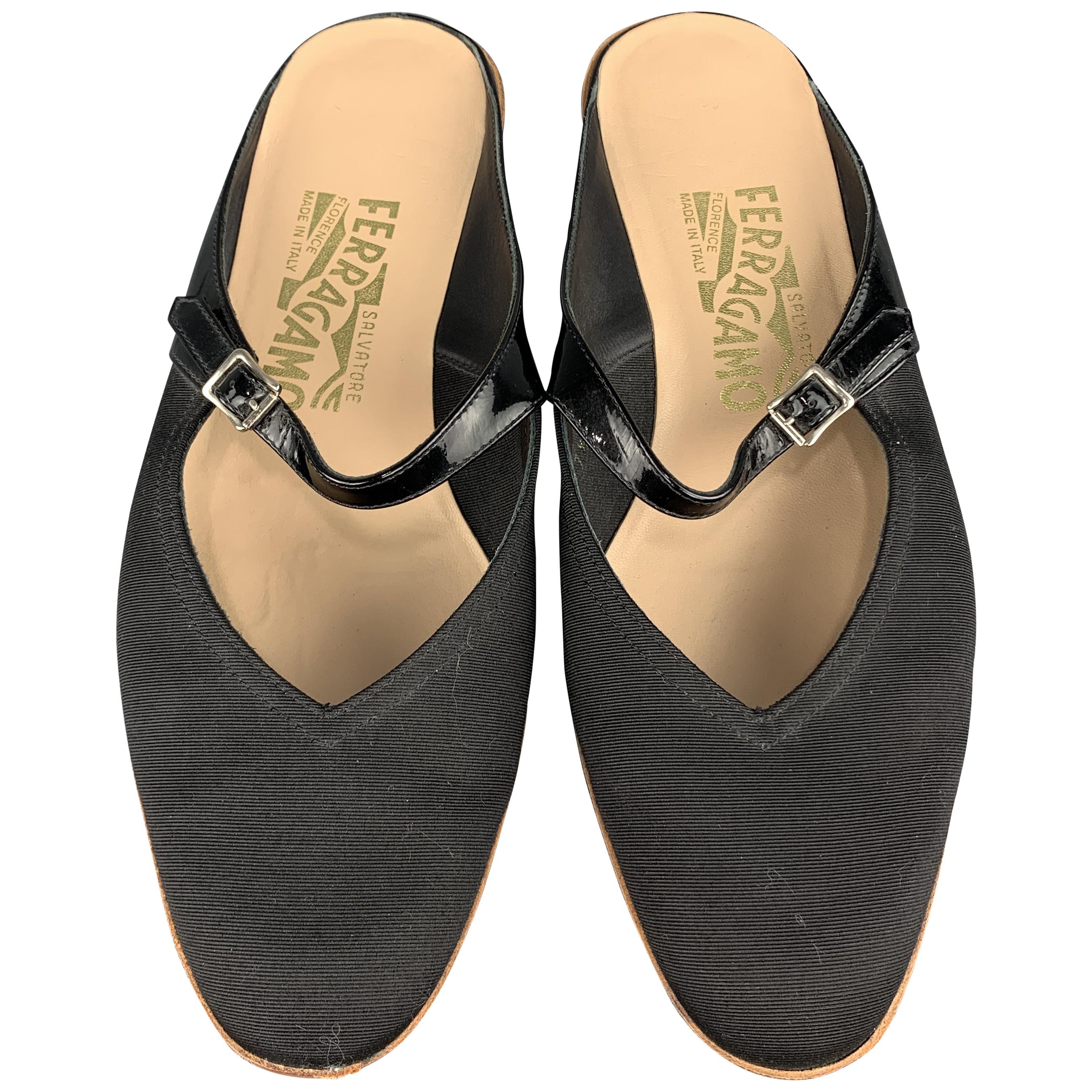 SALVATORE FERRAGAMO Size 7.5 Black Silk Faille & Patent Leather Flats