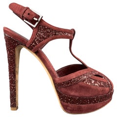 CHRISTIAN DIOR Size 8 Burgundy Glitter Suede T Strap Platform Celeste Sandals