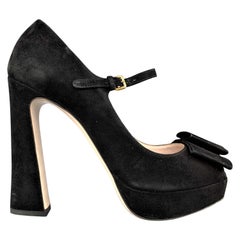 MIU MIU Size 8 Black Suede Platform Chunky Bow Mary Jane Sandals