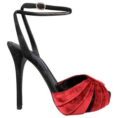RALPH LAUREN Size 8 Black Suede Red Velvet Swirl Ankle Strap Sandals