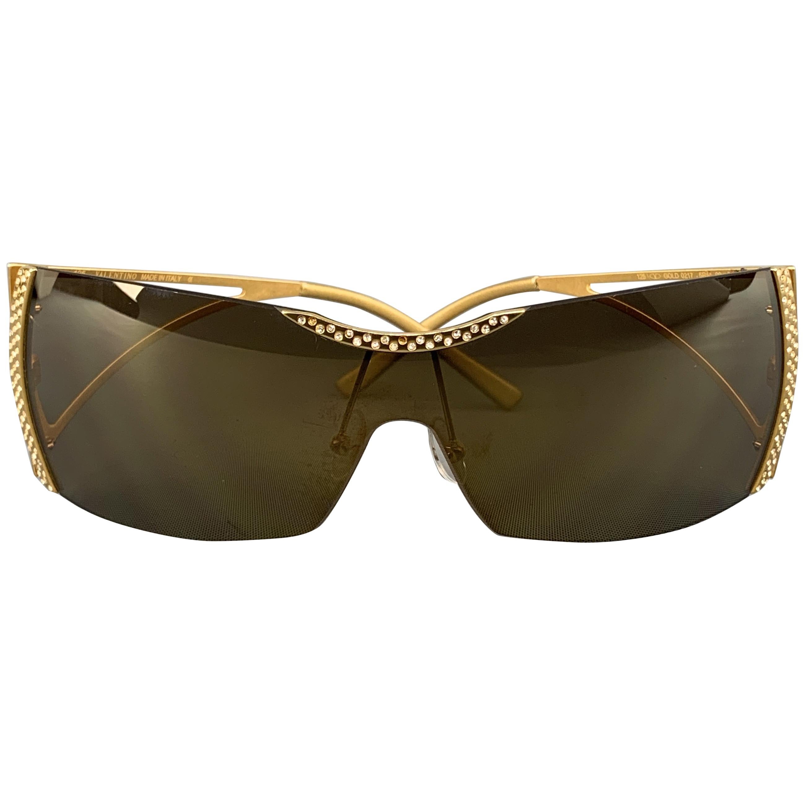 VALENTINO Gold Metal Rhinestone Metallic Sheild Sunglasses