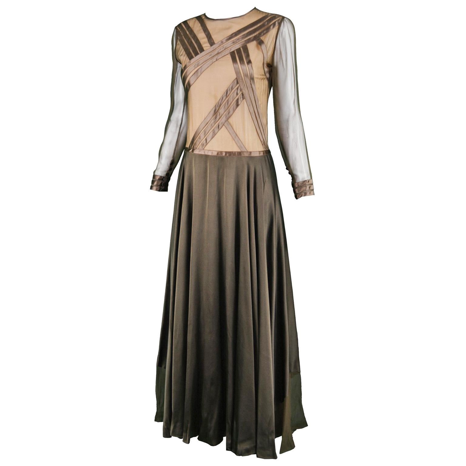 Louis Feraud Haute Couture Brown Sheer Silk Chiffon / Bias Cut Satin Gown, 1970s