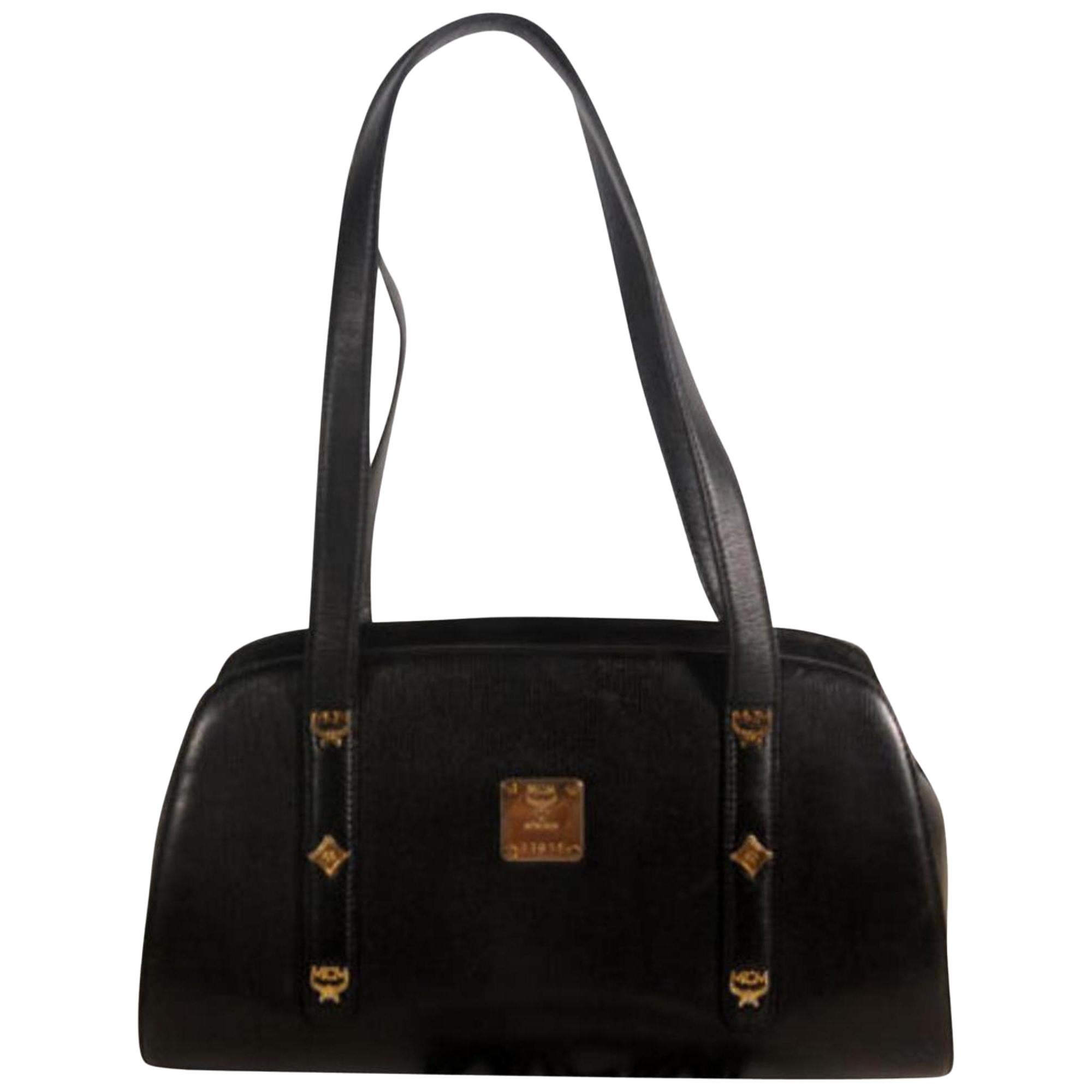 MCM Studded Dome 869507 Black Leather Tote For Sale