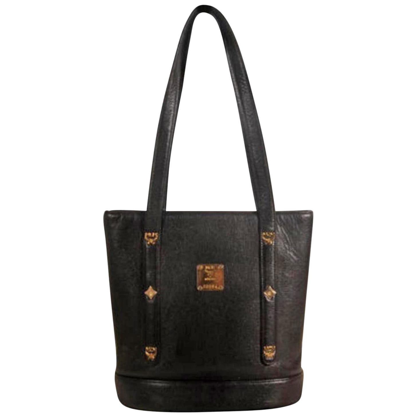 MCM Studded Bucket 869331 Black Leather Tote For Sale