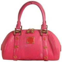 Used MCM Studded Bowler 869070 Red Leather Tote