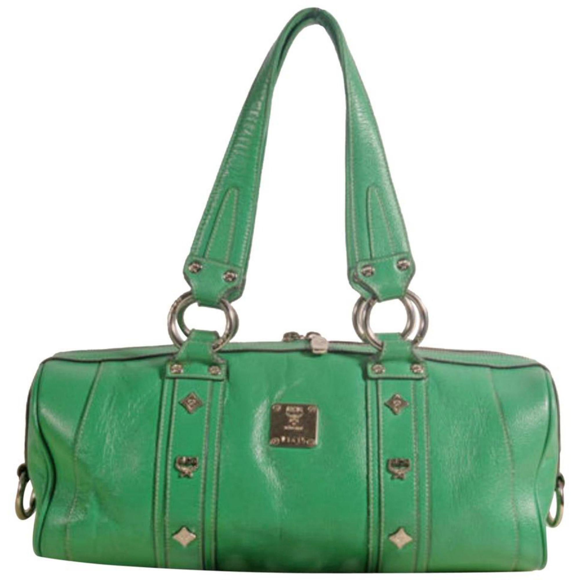 MCM Studded Barrel Boston 868838 Green Leather Tote For Sale