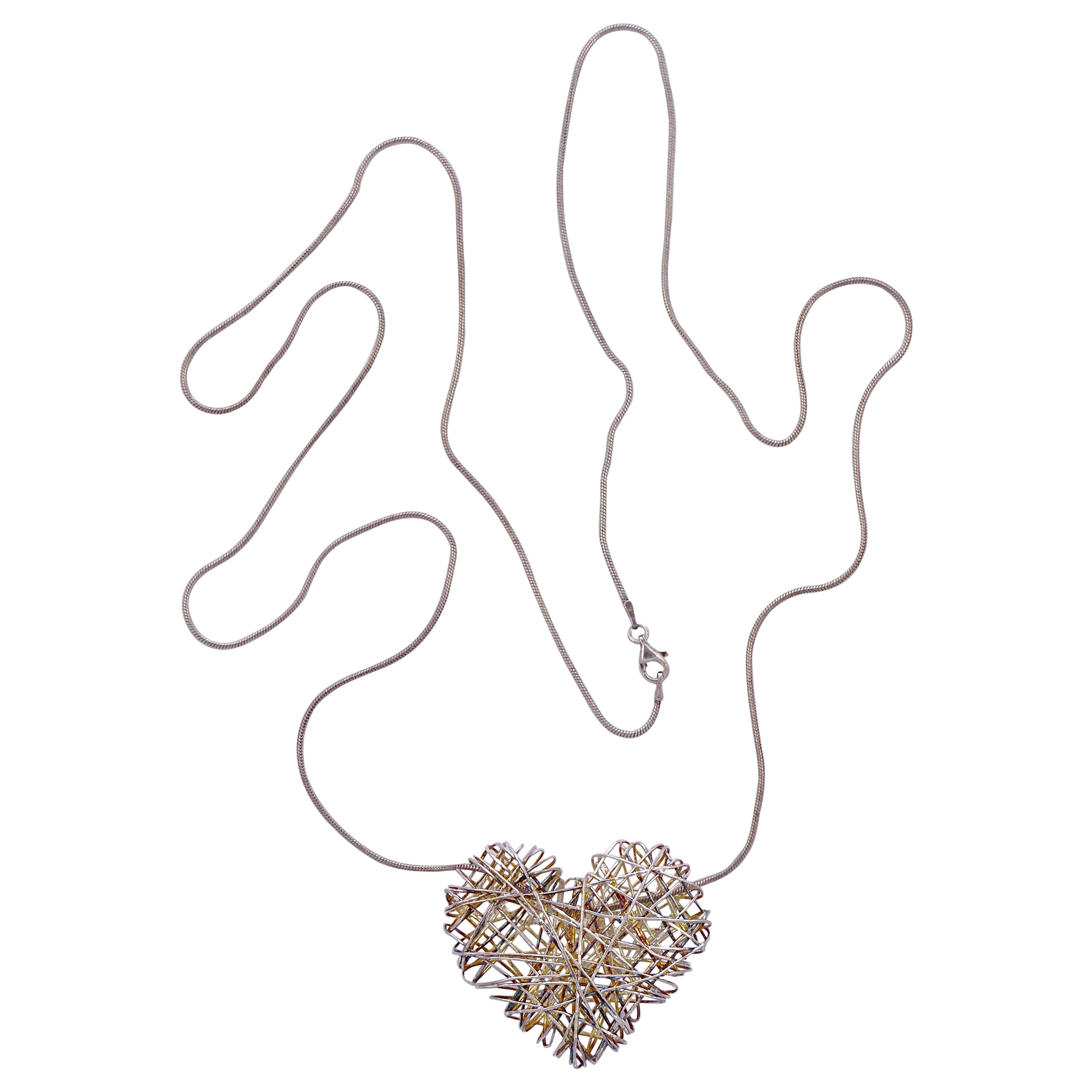 Long Italian Silver Snake Chain and Woven Heart Pendant Necklace circa 1990s
