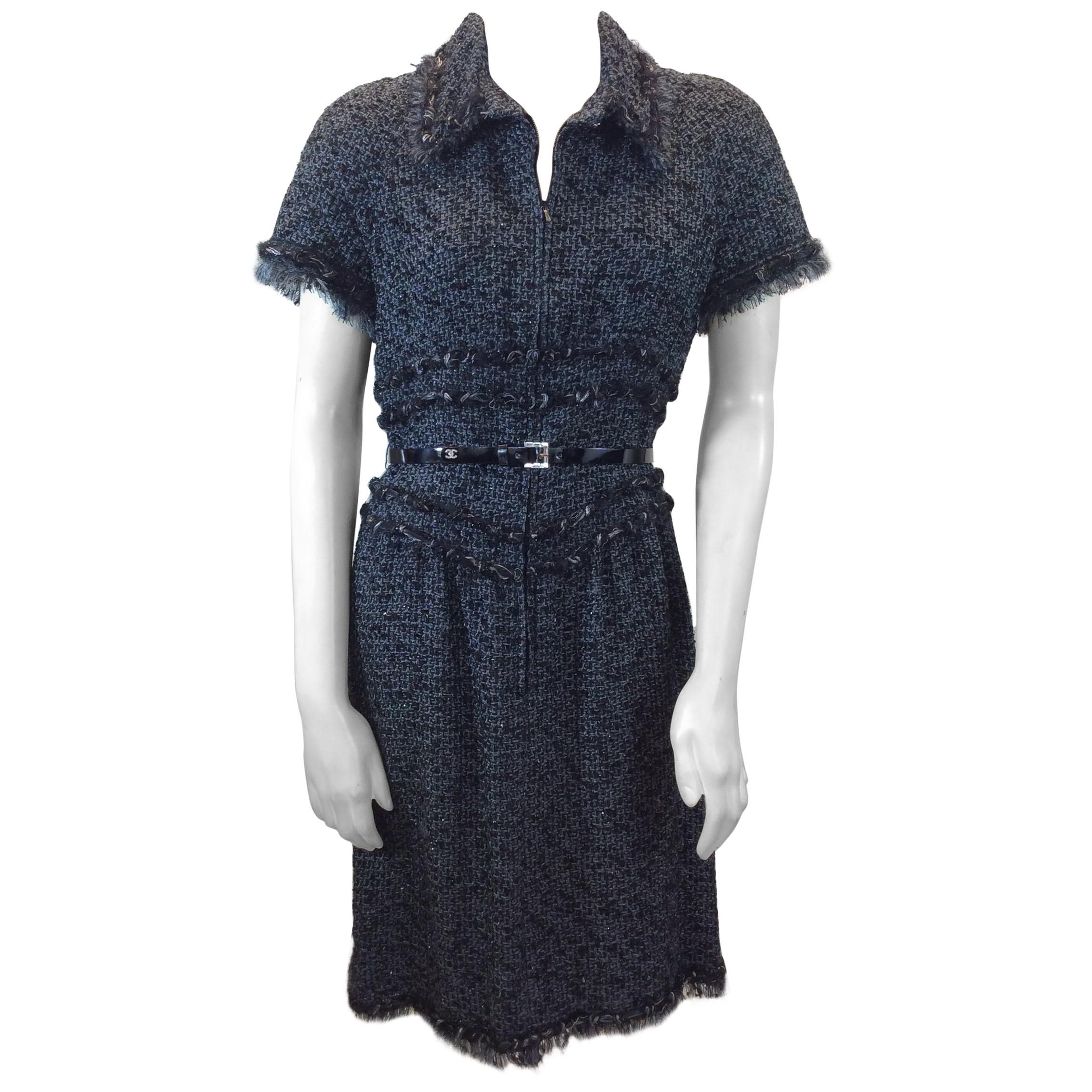 Chanel Grey and Black Tweed Belted Dress For Sale