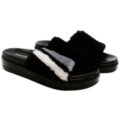 Prada Black Fur Platform Slide Sandals US 9