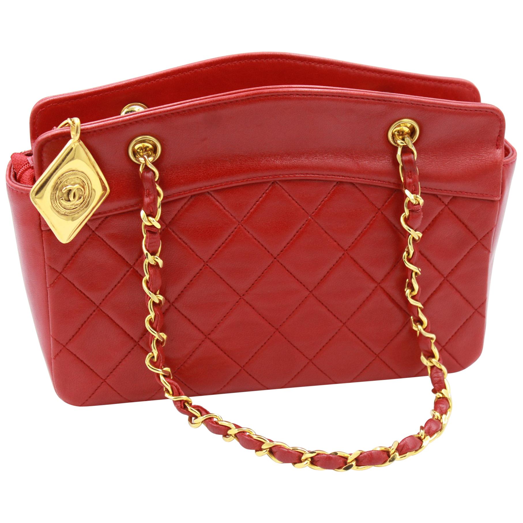 1989-1990 Vintage Mini Chanel Red Lambskin  Quilted Bag 