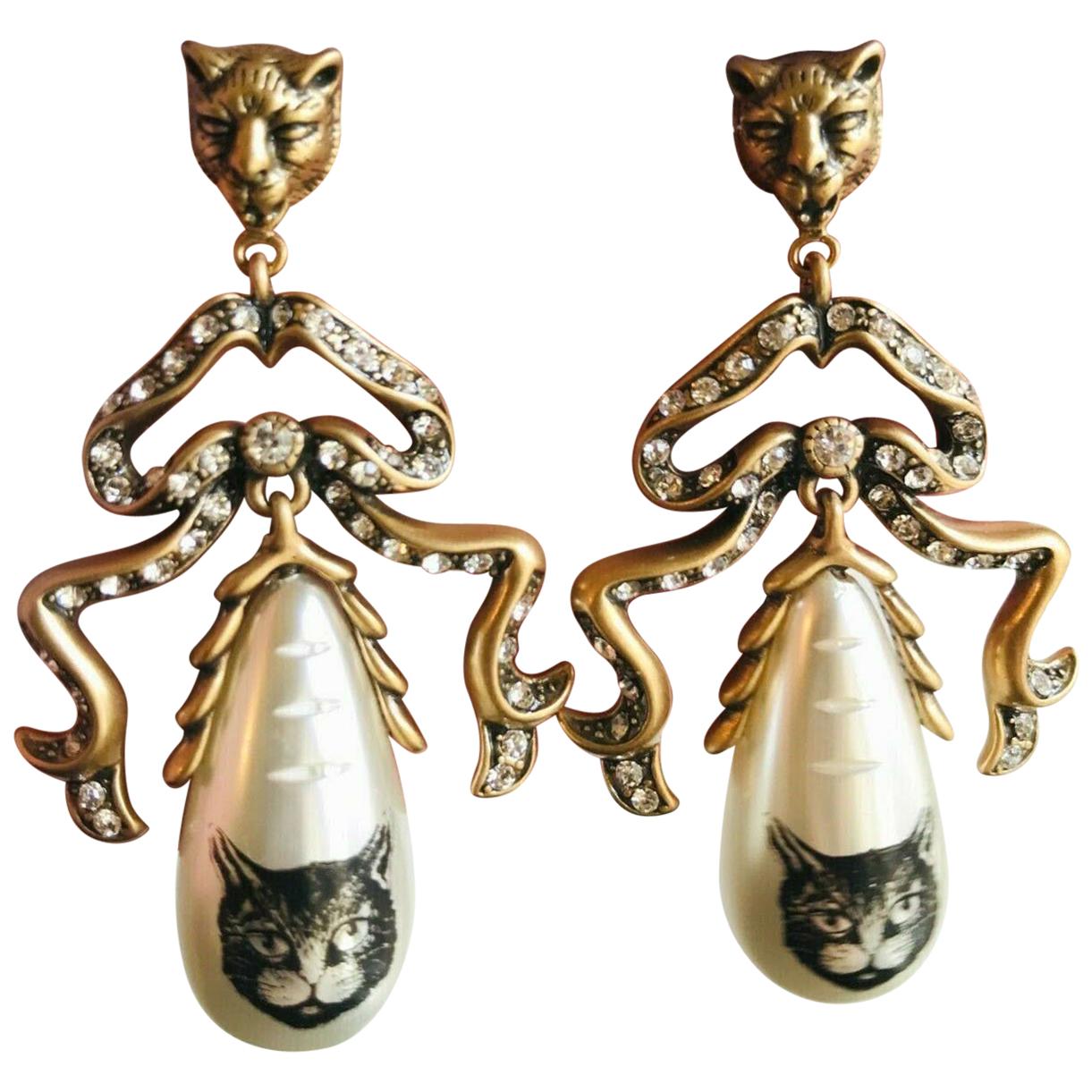 Gucci Signed Faux Pearl Cat Panther Head Bow Runway Drop Earrings Estate Jewelry