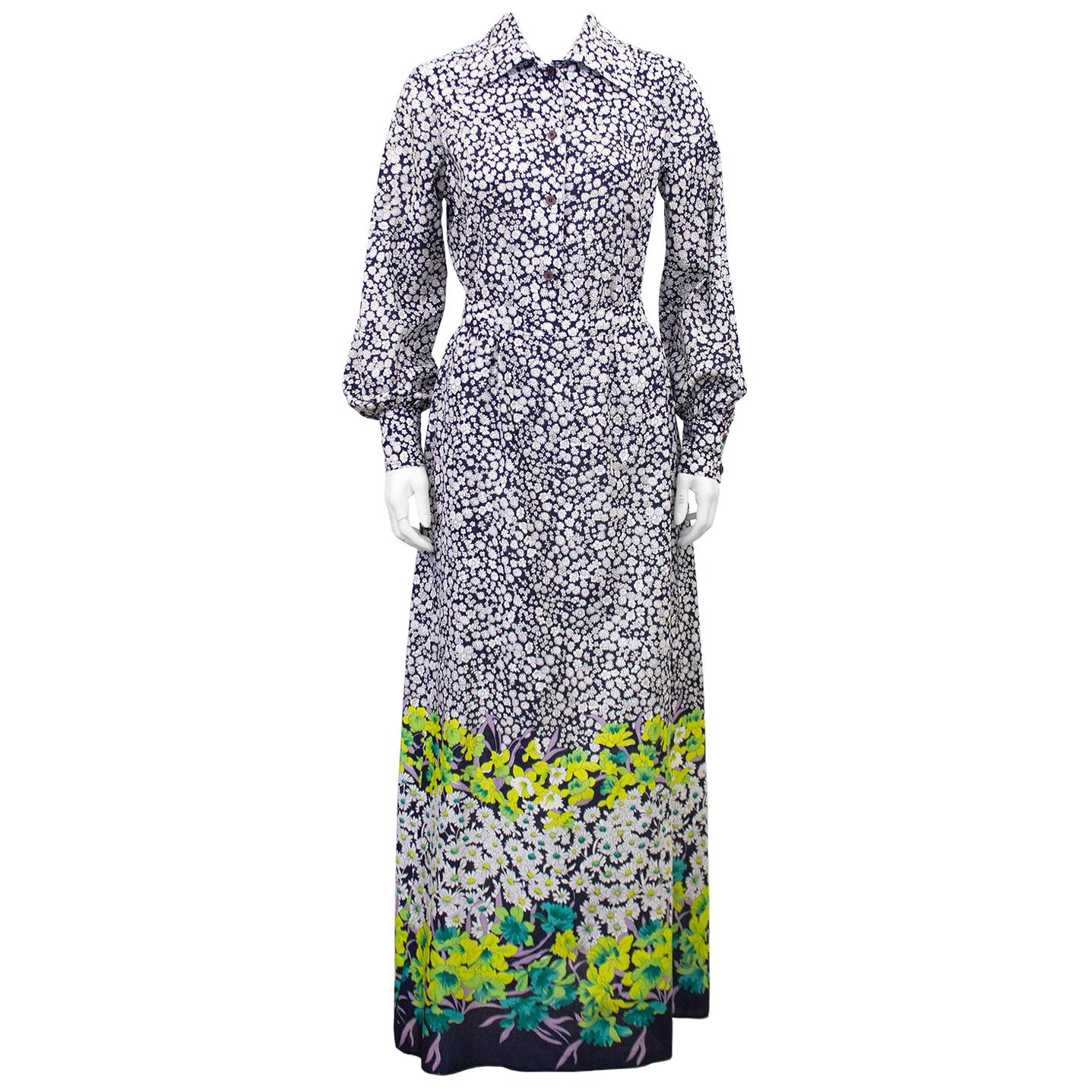 1970s Rizkallah for Malcolm Starr Navy and White Chintz Floral Ensemble