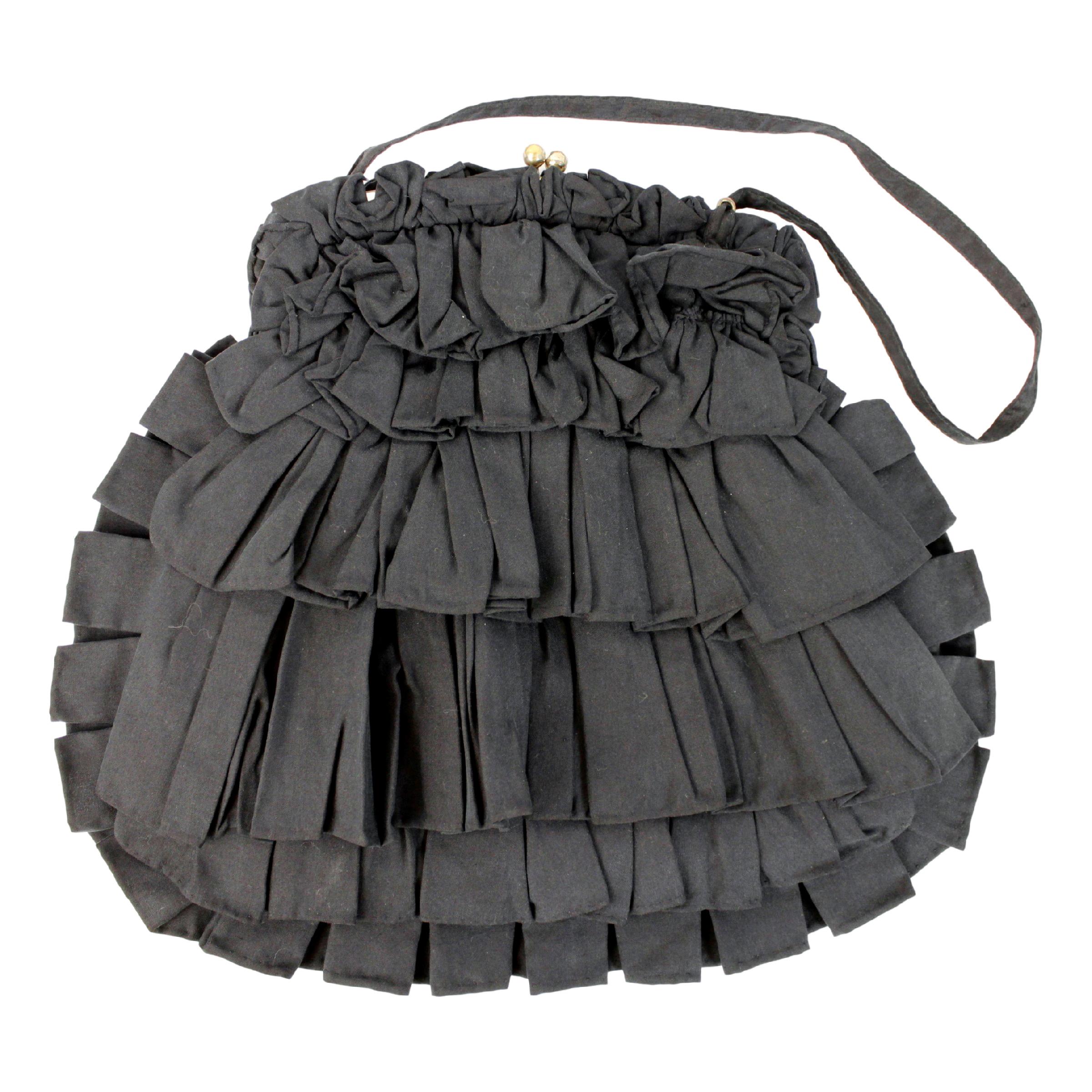 1990s Jamin Puech Black Cotton Pleated Snap Fan Handbag