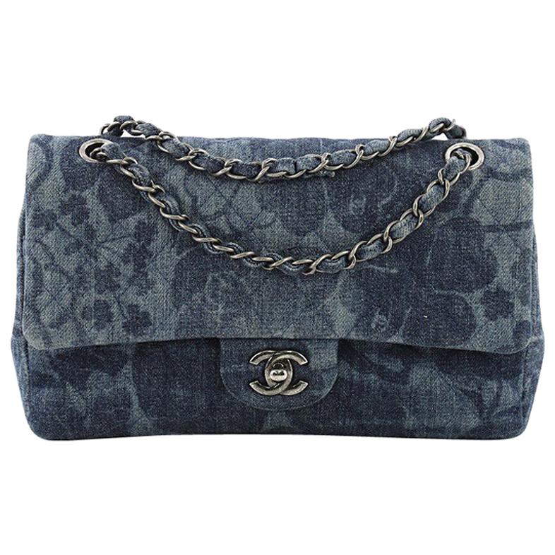 Chanel Camellia Classic Double Flap Bag Quilted Printed Denim Medium