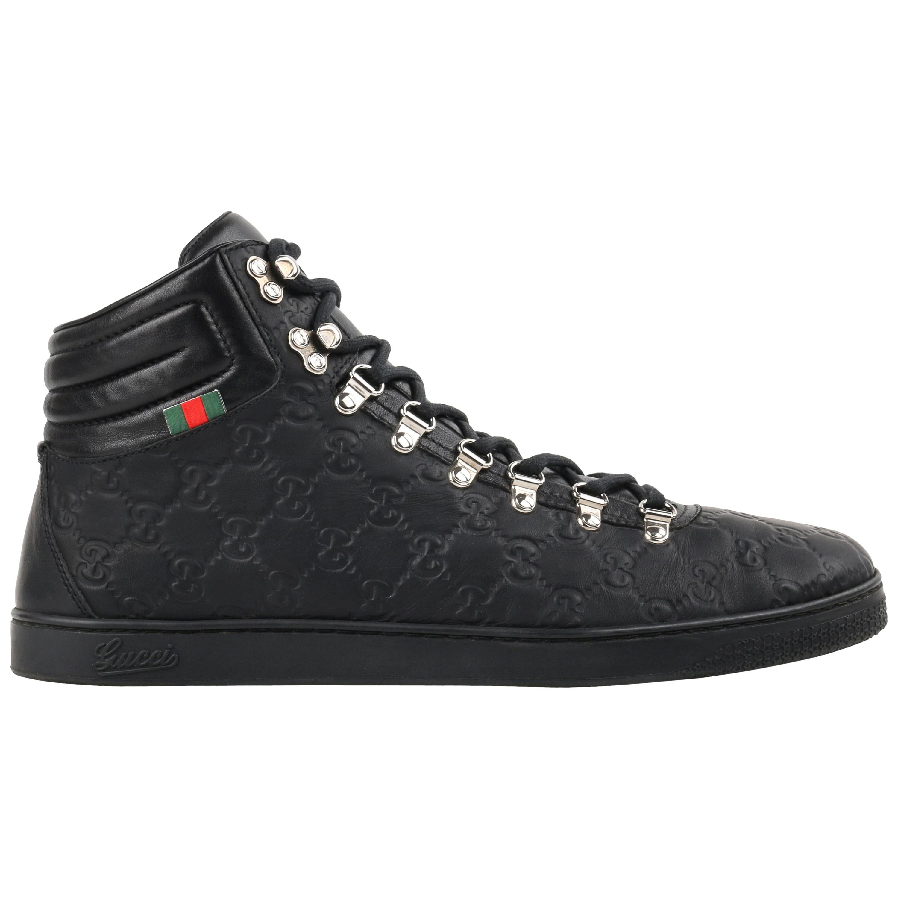GUCCI "Guccissima" Black Leather Monogram Lace Up High Top Sneakers 
