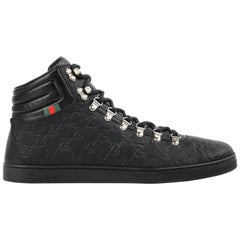 GUCCI "Guccissima" Black Leather Monogram Lace Up High Top Sneakers