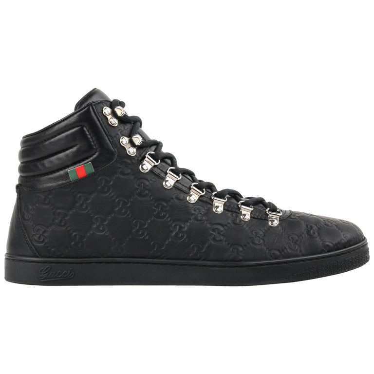 GUCCI Guccissima Black Leather Monogram Lace Up High Top Sneakers at  1stDibs