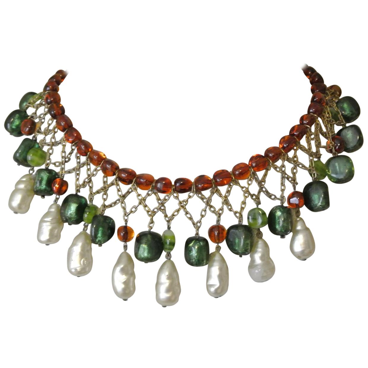 Gripoix unsigned green amber poured glass drop faux pearl bib necklace For Sale