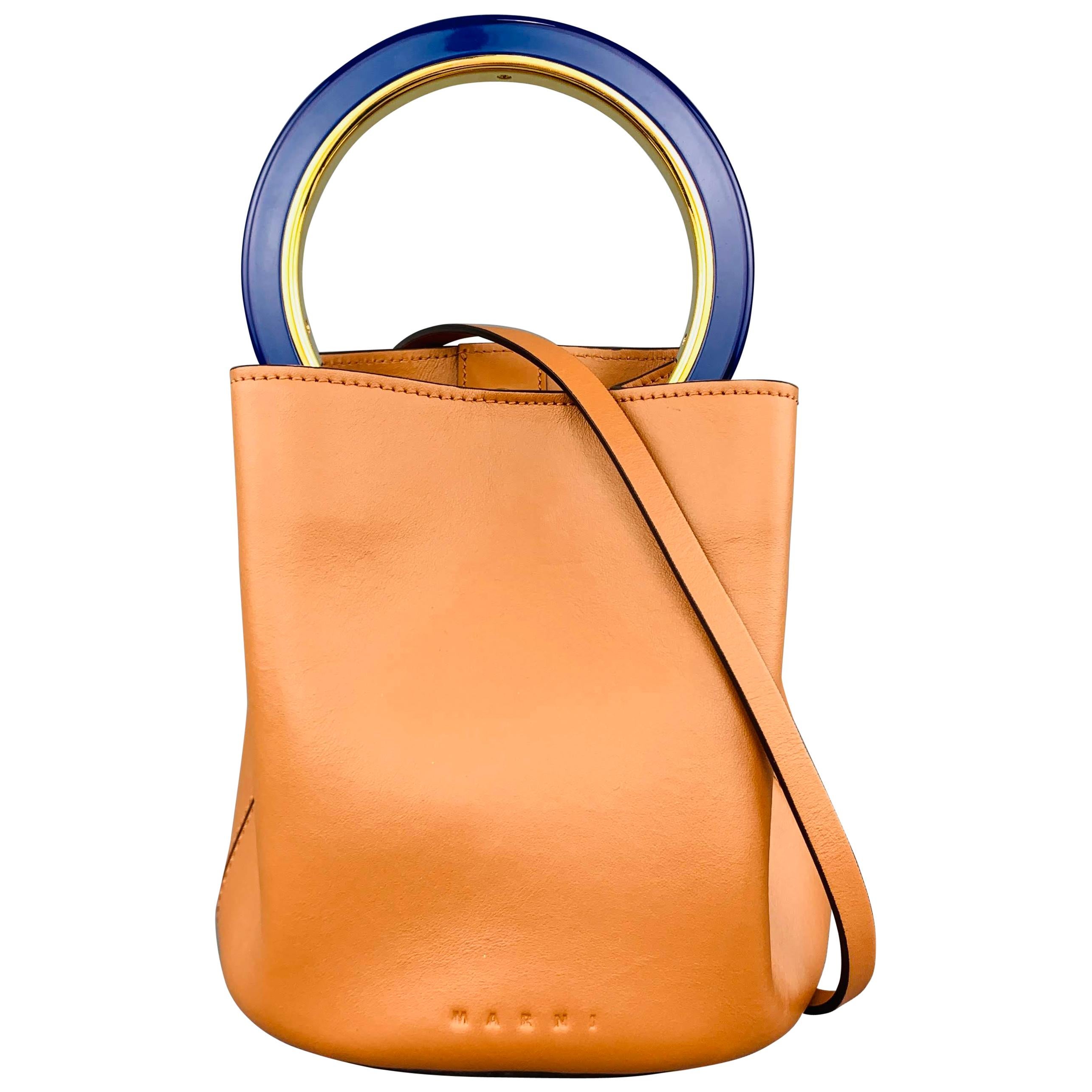 MARNI Tan Leather Blue Enamel Handle Mini PANNIER Bucket Handbag