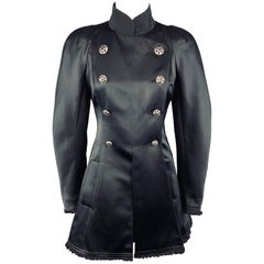 Vintage CHANEL Size 6 Black Silk Satin Double Breasted Silver Byzantine Button Jacket