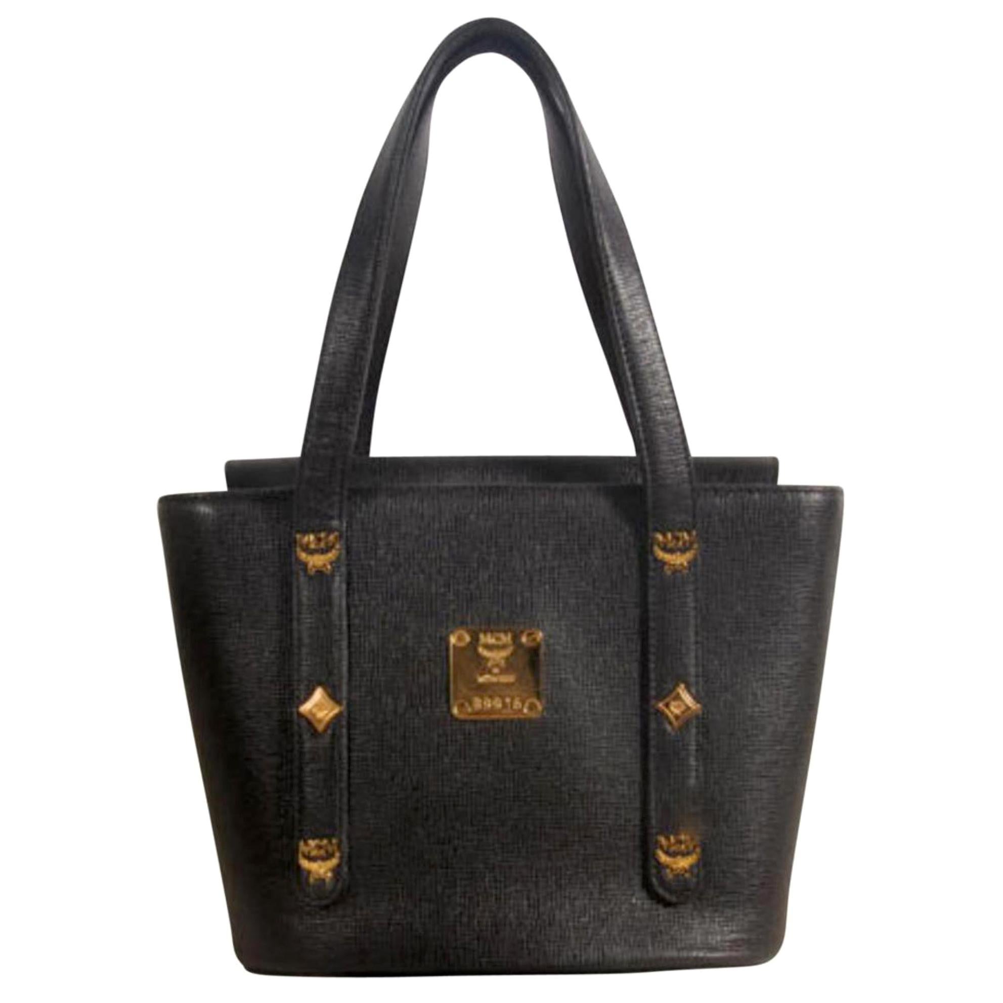 MCM Studded Bucket 869501 Black Leather Tote For Sale